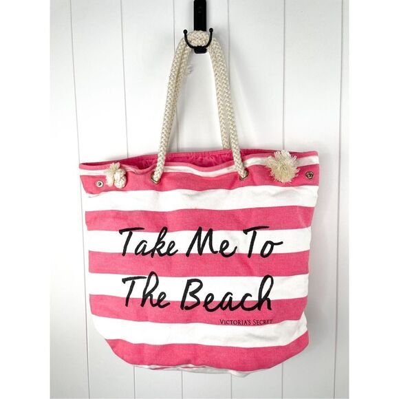 VS Victorias Secret Take Me to the Beach Pink Stripe Rope Beach Tote - Picture 1 of 9